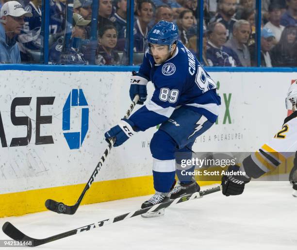 Cory Conacher of the Tampa Bay Lightning skates against the Boston Bruins during the second period at Amalie Arena on April 3, 2018 in Tampa,...