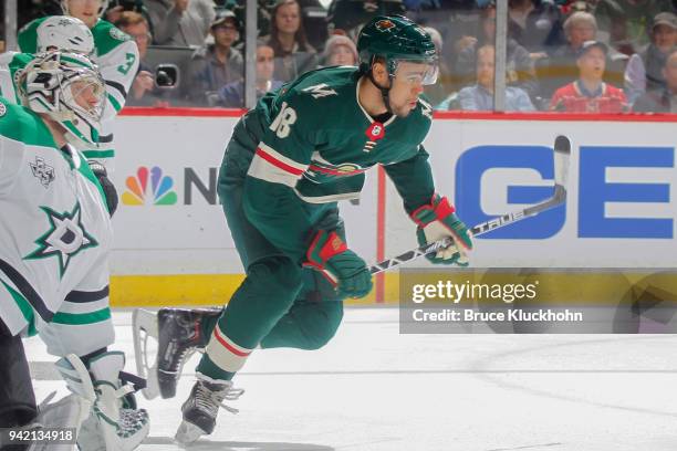 Jordan Greenway of the Minnesota Wild skates against the Dallas Stars during the game at the Xcel Energy Center on March 29, 2018 in St. Paul,...