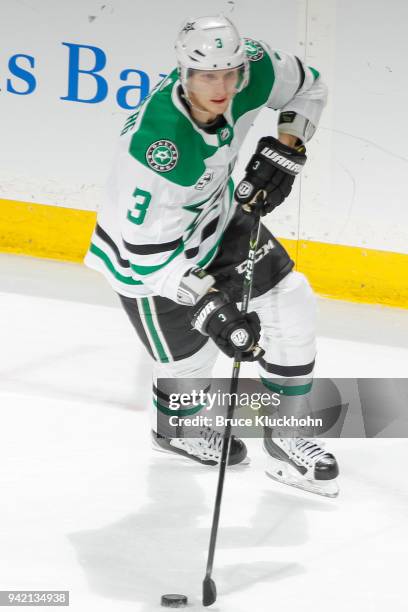 John Klingberg of the Dallas Stars skates with the puck against the Minnesota Wild during the game at the Xcel Energy Center on March 29, 2018 in St....