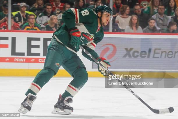 Jordan Greenway of the Minnesota Wild skates against the Dallas Stars during the game at the Xcel Energy Center on March 29, 2018 in St. Paul,...