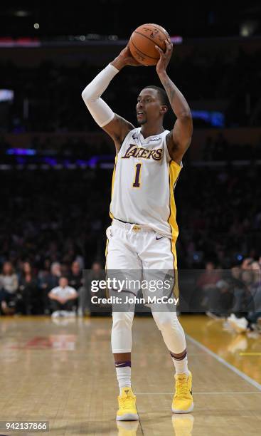 Kentavious Caldwell-Pope of the Los Angeles Lakers looks to pass the ball at Staples Center on April 1, 2018 in Los Angeles, California. NOTE TO...