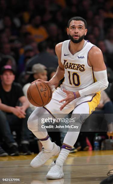 Tyler Ennis of the Los Angeles Lakers looks to pass the ball at Staples Center on April 1, 2018 in Los Angeles, California. NOTE TO USER: User...