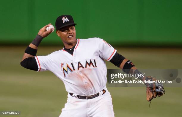 Starlin Castro of the Miami Marlins in action during the game against the Boston Red Sox at Marlins Park on April 3, 2018 in Miami, Florida. Starlin...