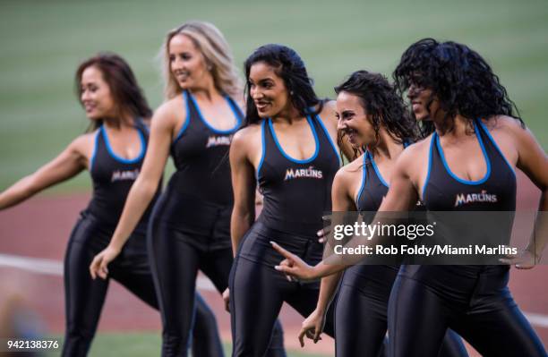 The Miami Marlins mermaids perform during the game against the Boston Red Sox at Marlins Park on April 3, 2018 in Miami, Florida.