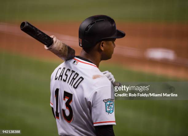 Starlin Castro of the Miami Marlins looks on before an at bat during the game against the Boston Red Sox at Marlins Park on April 3, 2018 in Miami,...