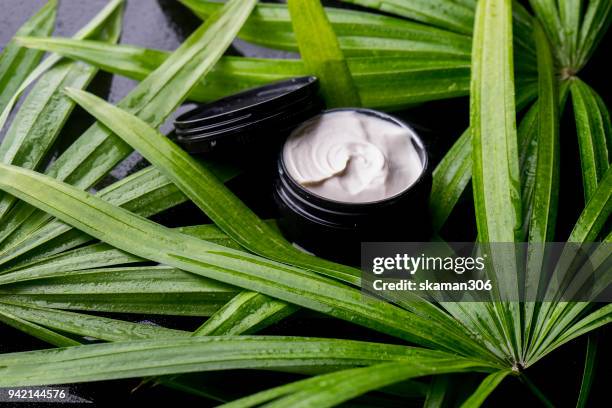 top view beauty cream with green leaves and wet background - build presents sensitive skin stock pictures, royalty-free photos & images