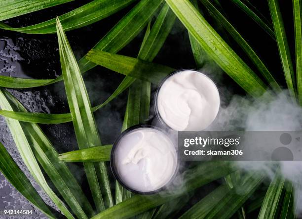 top view beauty cream with green leaves and wet background - build presents sensitive skin stock pictures, royalty-free photos & images