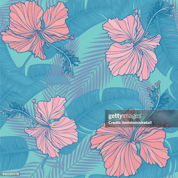 trendige hibiskus & blatt nahtlose muster - eibisch tropische blume stock-grafiken, -clipart, -cartoons und -symbole