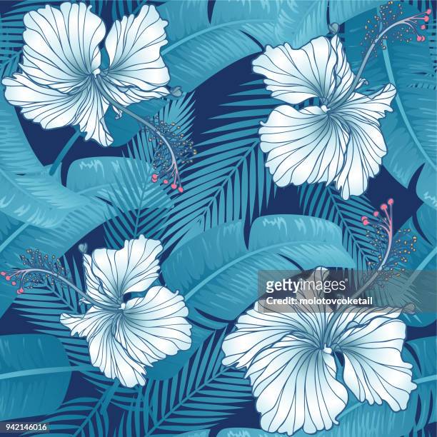 trendy hibiscus & leaf seamless pattern - tropical climate stock illustrations