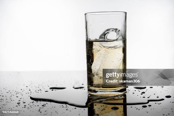 selective focus drink alcohol and water glass with whisky and sparking water and ice cube - whiskey tasting stock pictures, royalty-free photos & images