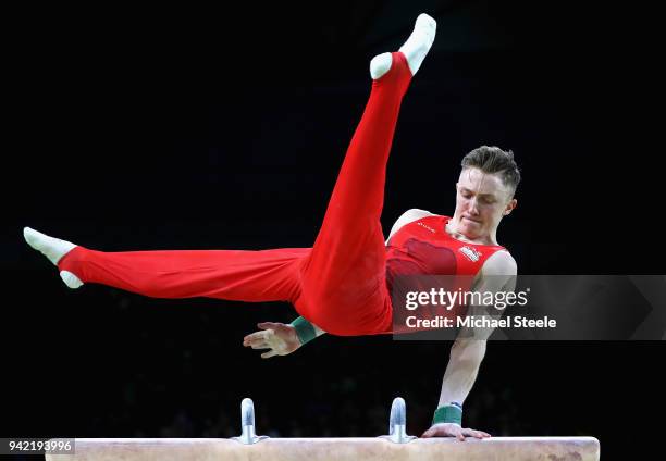 Nile Wilson of England competes on the pommel horse in the Men's Team Final and Individual Qualification during the Artistic Gymnastics on day one of...