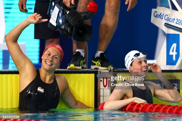 Aimee Willmott of England celebrates victory in the Women's 400m Individual Medley Final on day one of the Gold Coast 2018 Commonwealth Games at...