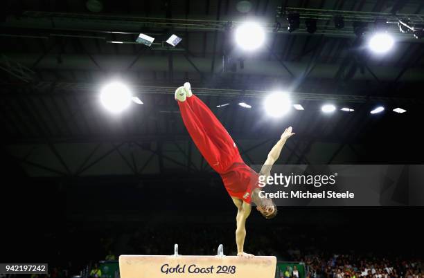 Max Whitlock of England competes on the pommel horse in the Men's Team Final and Individual Qualification during the Artistic Gymnastics on day one...
