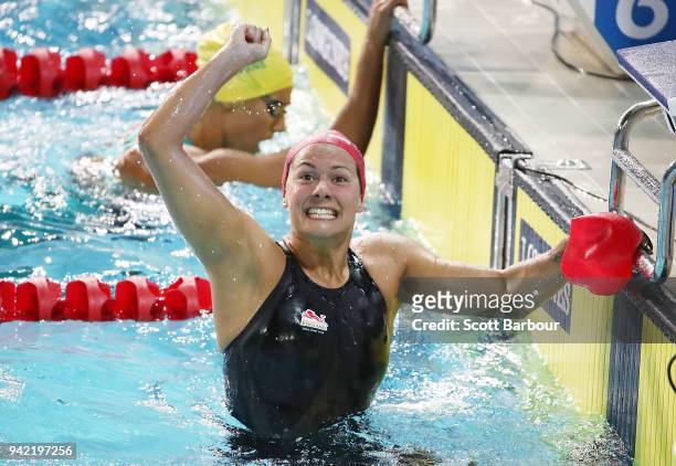 Aimee Willmott of England celebrates winning the Women's 400m Individual Medley Final on day one of the Gold Coast 2018 Commonwealth Games at Optus...