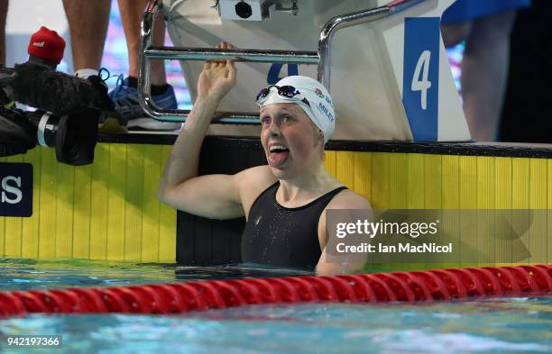 Hannah Miley of Scotland celebrates finishing second in the Women's 400m IM Final during day one of the Gold Coast 2018 Commonwealth Games at Optus...