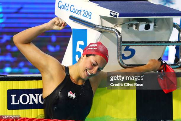 Aimee Willmott of England celebrates victory in the Women's 400m Individual Medley Final on day one of the Gold Coast 2018 Commonwealth Games at...