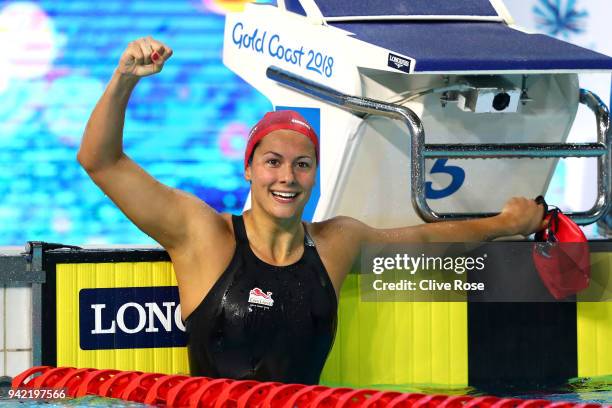 Aimee Willmott of England celebrates victory in the Women's 400m Individual Medley Final on day one of the Gold Coast 2018 Commonwealth Games at...