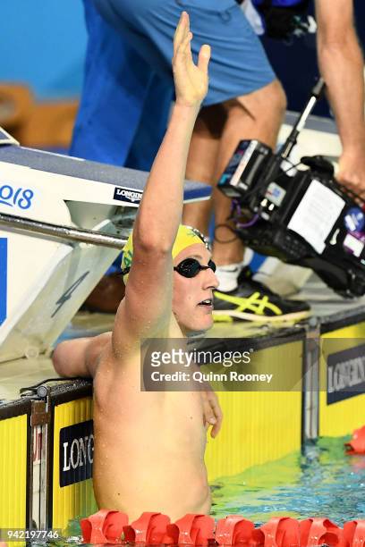 Mack Horton of Australia celebrates victory in the Men's 400m Freestyle Final on day one of the Gold Coast 2018 Commonwealth Games at Optus Aquatic...