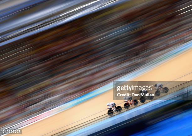 England complete in the Women's 4000m Team Pursuit Bronze Final during the Cycling on day one of the Gold Coast 2018 Commonwealth Games at Anna...