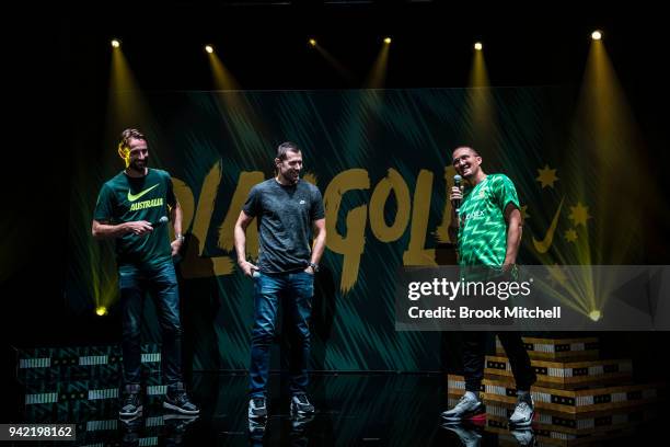 Chad Gibson interviews Brett Emerton and Josh Kennedy during the Nike Football: Australian National Team Kit Launch on April 5, 2018 in Sydney,...