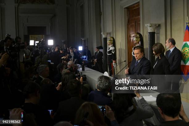 Silvio Berlusconi, leader of the right-wing party "Forza Italia" speaks to the press after a meeting with Italian President Sergio Mattarella on the...