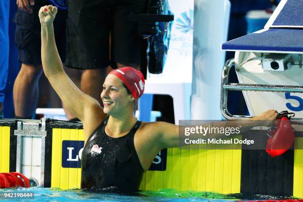 Aimee Willmott of England celebrates victory in the Women's 400m Individual Medley Final on day one of the Gold Coast 2018 Commonwealth Games at...