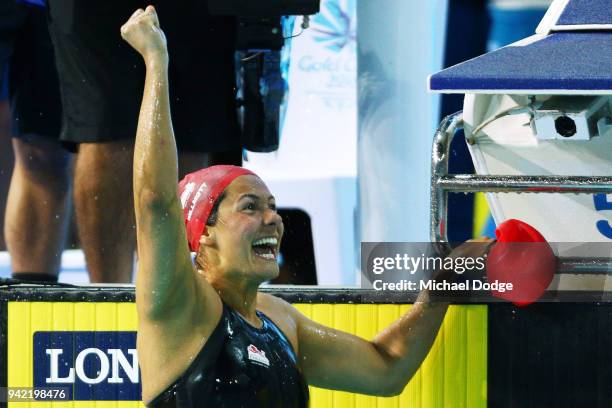 Aimee Willmott of England celebrates victory in the Women's 400m Individual Medley Final on day one of the Gold Coast 2018 Commonwealth Games at...