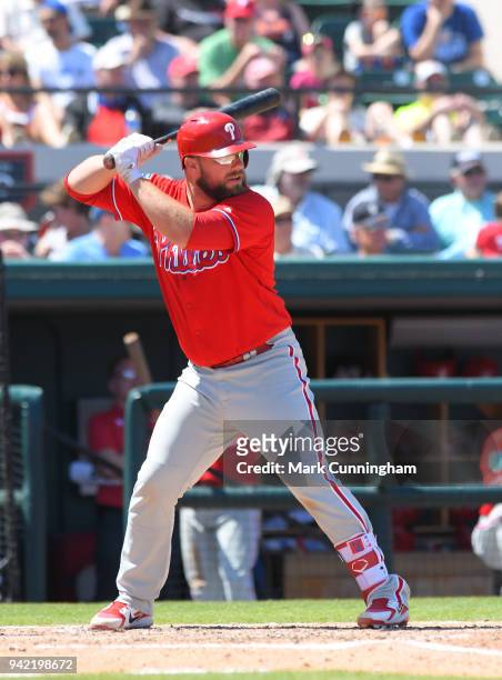 Cameron Rupp of the Philadelphia Phillies bats during the Spring Training game against the Detroit Tigers at Publix Field at Joker Marchant Stadium...