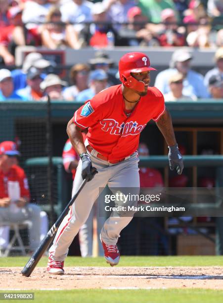 Nick Williams of the Philadelphia Phillies bats during the Spring Training game against the Detroit Tigers at Publix Field at Joker Marchant Stadium...