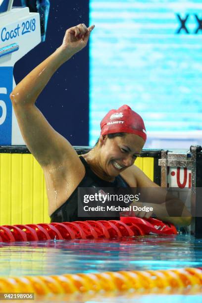 Aimee Willmott of England celebrates victory in the Women's 400m Individual Medley Final on day one of the Gold Coast 2018 Commonwealth Games at...