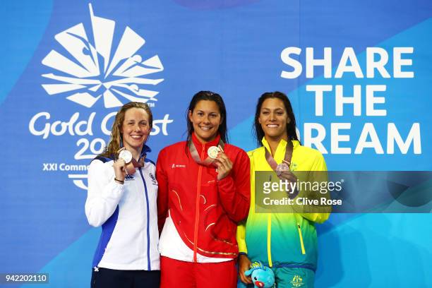 Silver medalist Hannah Miley of Scotland, gold medalist Aimee Willmott of England and bronze medalist Blair Evans of Australia pose during the medal...