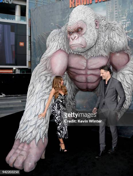Actors Sofia Vergara and Joe Manganiello arrive at the premiere of Warner Bros. Pictures' "Rampage" at the Microsoft Theatre on April 4, 2018 in Los...