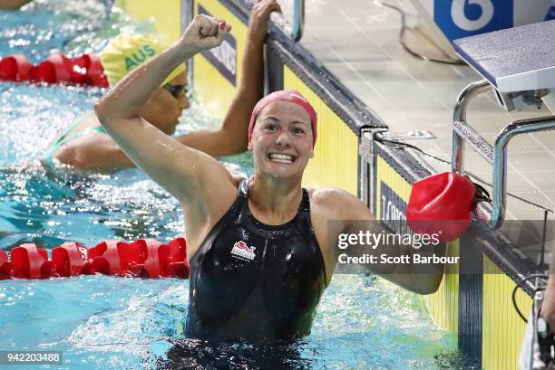 Aimee Willmott of England celebrates winning the Women's 400m Individual Medley Final on day one of the Gold Coast 2018 Commonwealth Games at Optus...