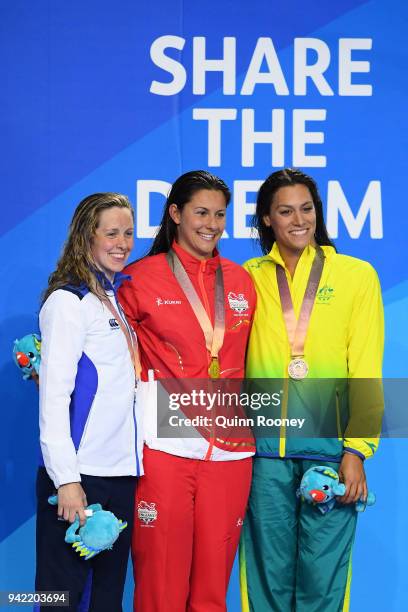 Silver medalist Hannah Miley of Scotland, gold medalist Aimee Willmott of England and bronze medalist Blair Evans of Australia pose during the medal...