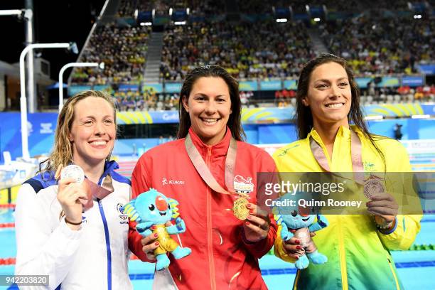 Silver medalist Hannah Miley of Scotland, gold medalist Aimee Willmott of England and bronze medalist Blair Evans of Australia pose during the medal...