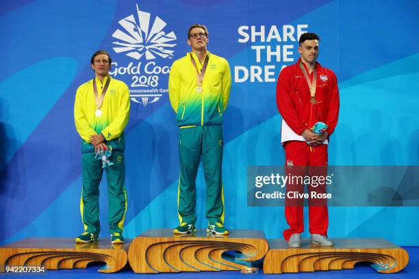 Silver medalist Jack McLoughlin of Australia, gold medalist Mack Horton of Australia and bronze medalist James Guy of England pose during the medal...