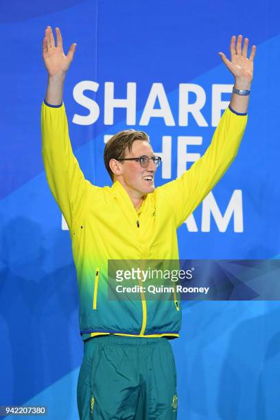 Gold medalist Mack Horton of Australia poses during the medal ceremony for the Men's 400m Freestyle Final on day one of the Gold Coast 2018...