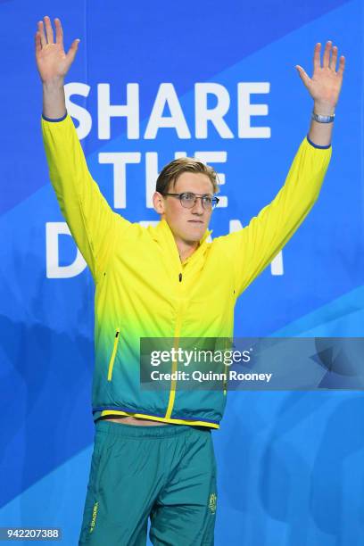 Gold medalist Mack Horton of Australia poses during the medal ceremony for the Men's 400m Freestyle Final on day one of the Gold Coast 2018...