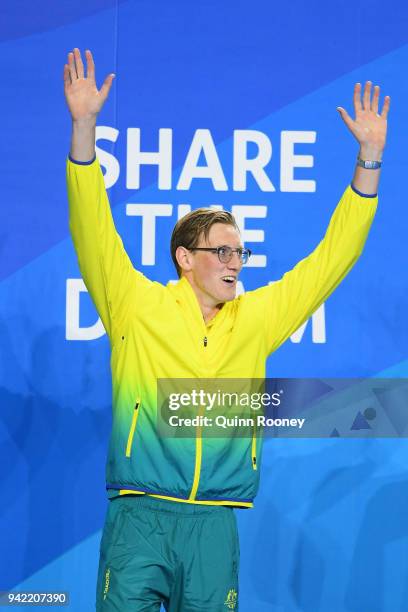 Gold medalist Mack Horton of Australia poses during the medal ceremony for the Men's 400m Freestyle Final on day one of the Gold Coast 2018...