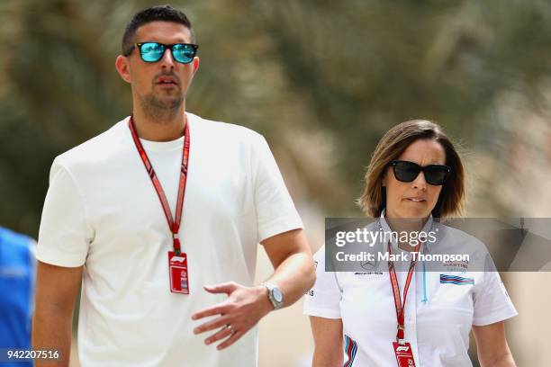 Williams Deputy Team Principal Claire Williams walks in the Paddock with husband Marc Harris during previews ahead of the Bahrain Formula One Grand...