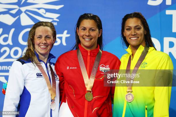 Silver medalist Hannah Miley of Scotland, gold medalist Aimee Willmott of England and bronze medalist Blair Evans of Australia pose during the medal...