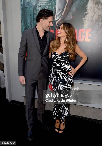 Actors Joe Manganiello and Sofia Vergara arrive at the premiere of Warner Bros. Pictures' "Rampage" at the Microsoft Theatre on April 4, 2018 in Los...