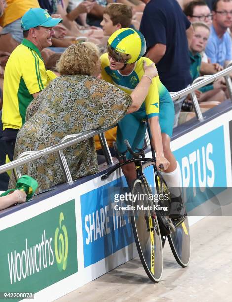 Ashlee Ankudinoff of Australia celebrates winning gold in the Women's 4000m Team Pursuit Gold Final during the Cycling on day one of the Gold Coast...