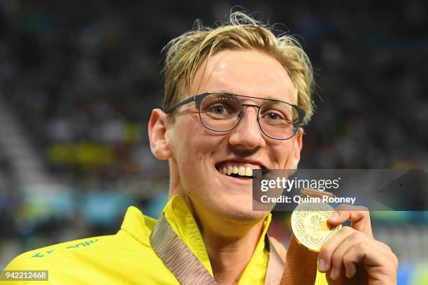 Gold medalist Mack Horton of Australia poses during the medal ceremony for the Men's 400m Freestyle Final on day one of the Gold Coast 2018...