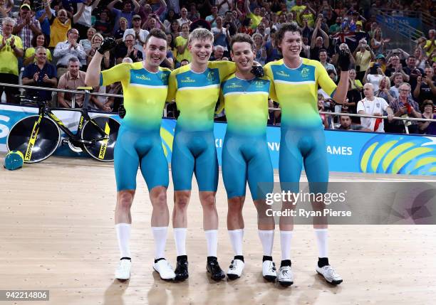 Australia celebrate winning gold in the Men's 4000m Team Pursuit Final during the Cycling on day one of the Gold Coast 2018 Commonwealth Games at...