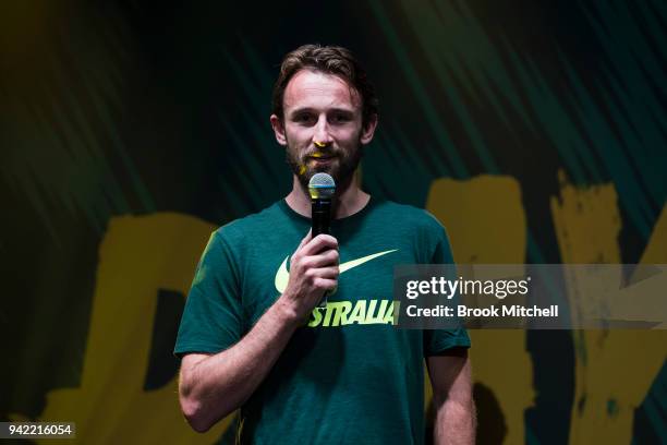 Joshua Kennedy speaks during the Nike Football: Australian National Team Kit Launch on April 5, 2018 in Sydney, Australia.