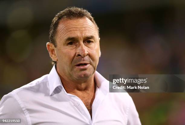 Raiders coach Ricky Stuart watches on during the round five NRL match between the Canberra Raiders and the Canterbury Bulldogs at GIO Stadium on...