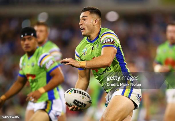 Nikola Cotric of the Raiders in action during the round five NRL match between the Canberra Raiders and the Canterbury Bulldogs at GIO Stadium on...