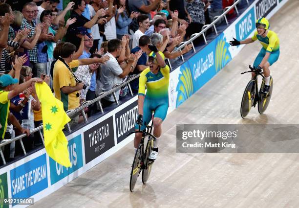 Jordan Kerby of Australia celebrates winning gold in the Men's 4000m Team Pursuit Gold Final during the Cycling on day one of the Gold Coast 2018...