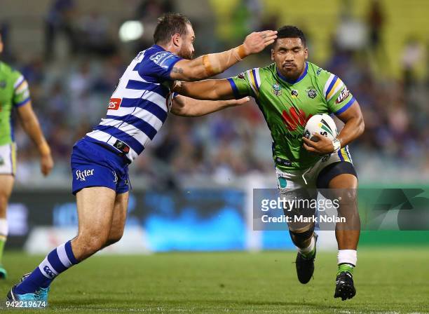 Siliva Havili of the Raiders runs the ball during the round five NRL match between the Canberra Raiders and the Canterbury Bulldogs at GIO Stadium on...